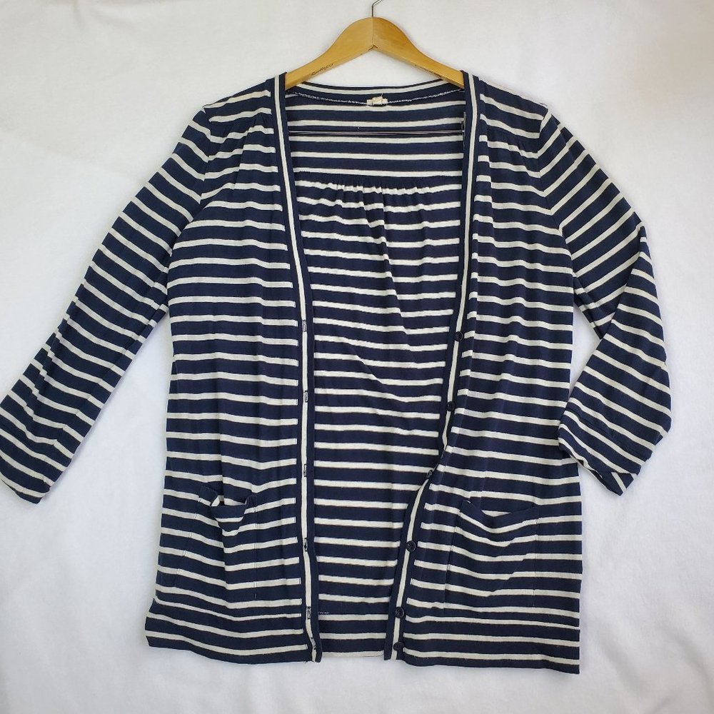 J. Crew Factory Blue White Stripped Pocket Jersey Open Cardigan Lightweight